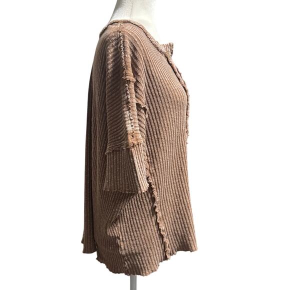 EASEL Mocha Mousse Mineral Washed Oversized Ribbed Frayed Edge Top Size Small - Picture 4 of 7
